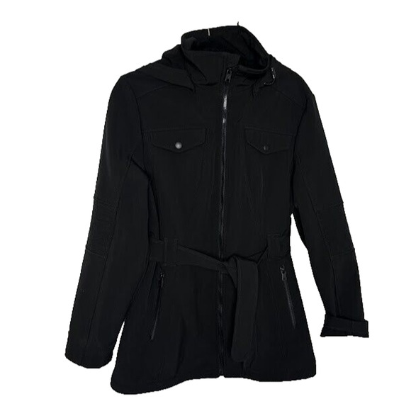 London Fog Womens Black Detachable Hooded Coat Belted Full Zip Stretch Large - Picture 1 of 8